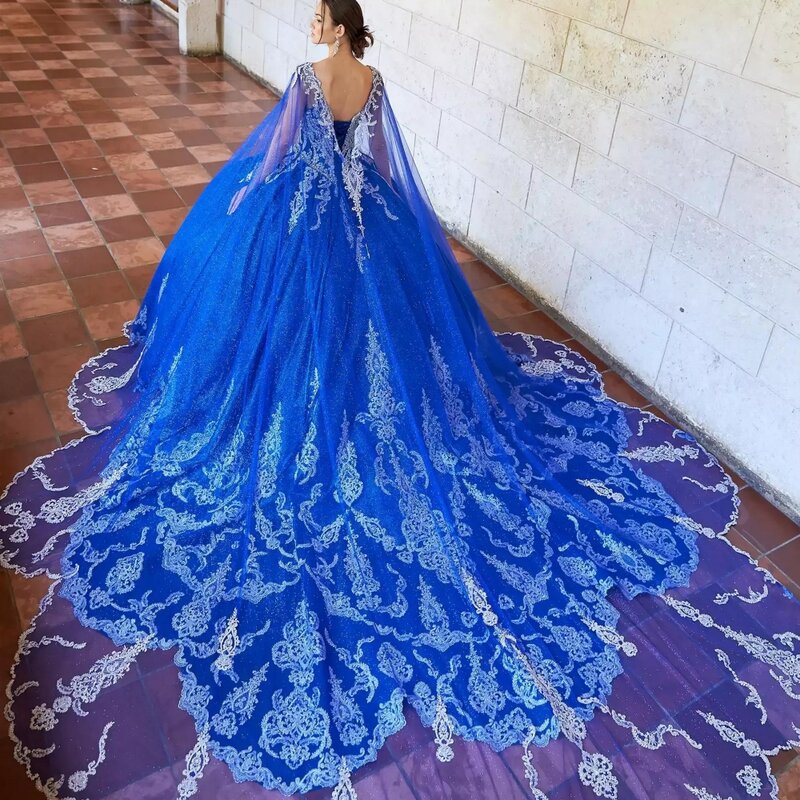 Luxury Quinceanera Prom Dresses With Sheer Lace Train Sparkly Crystal Appliques Princess Long Sweet 16 Dress Vestidos