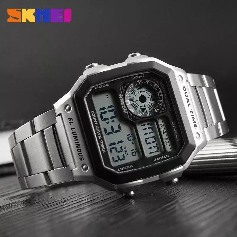 SKMEI 1335 jam tangan Digital untuk pria, arloji tali baja tahan karat, jam tangan olahraga tahan air 5bar
