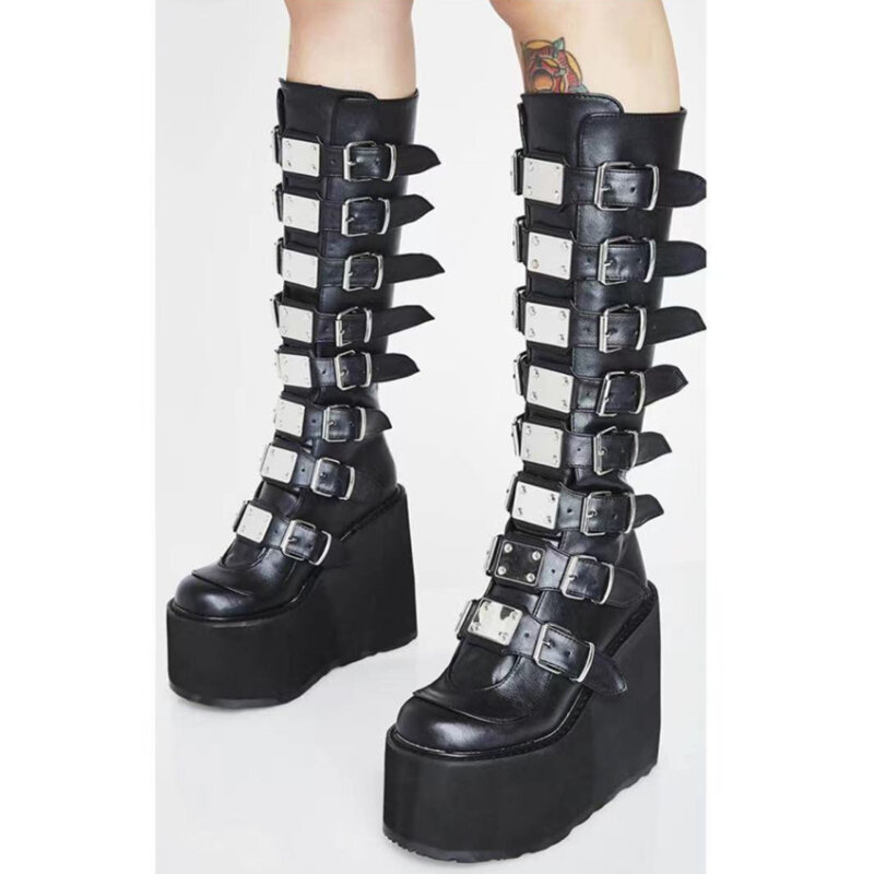 Gothic Punk Street รองเท้าผู้หญิงสุภาพสตรีคอสเพลย์รองเท้าบูทสูง Comfort ยาวหนังสีดำแพลตฟอร์ม Wedges รองเท้าผู้หญิง