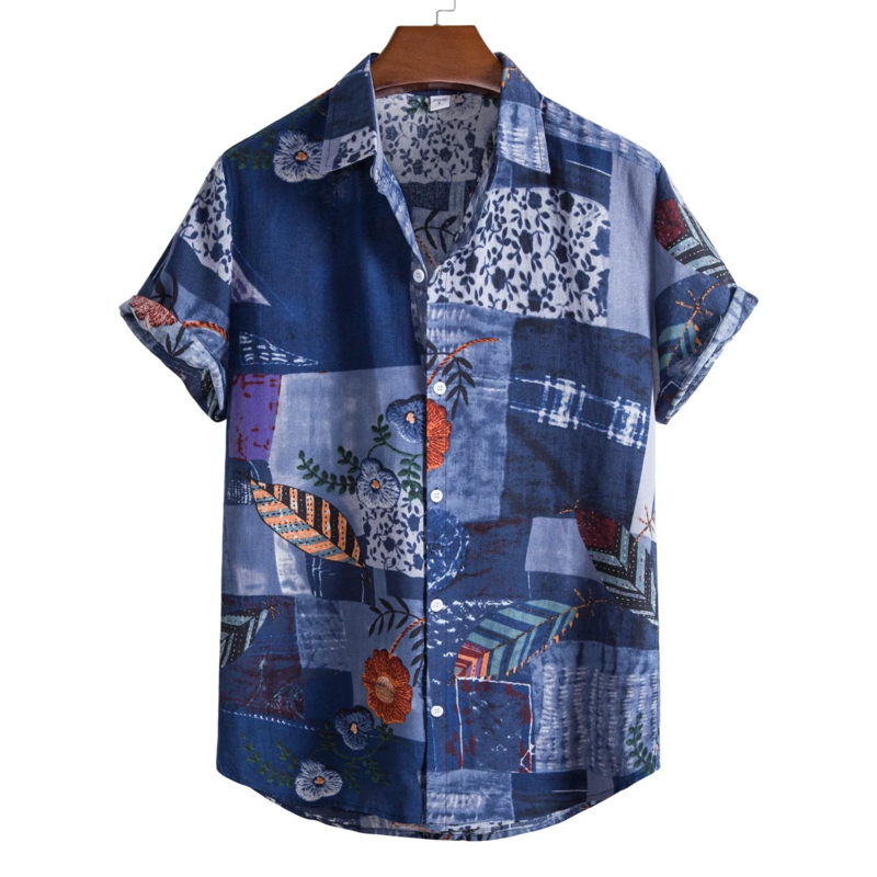 Fashionable Ethnic Patchwork Pattern Print Men's and Women's Short Sleeve Shirts Casual Button-Down Shirt Tops