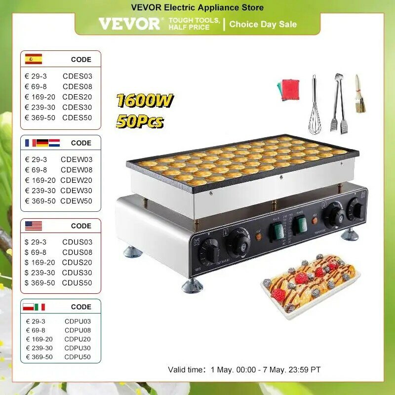 VEVOR Piastra per Waffle Maker Macchina Elettrica 1600W 220V Macchine per Pancake 45 mm / 1.8 Pollici Commerciale Antiaderente in Acciaio Inossidabile (50 Pezzi)