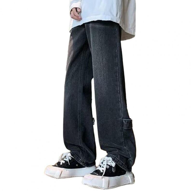 Jeans retrô de perna larga masculino, calças compridas, reto, solto, macio, hip hop, cintura média, colorfast, vintage