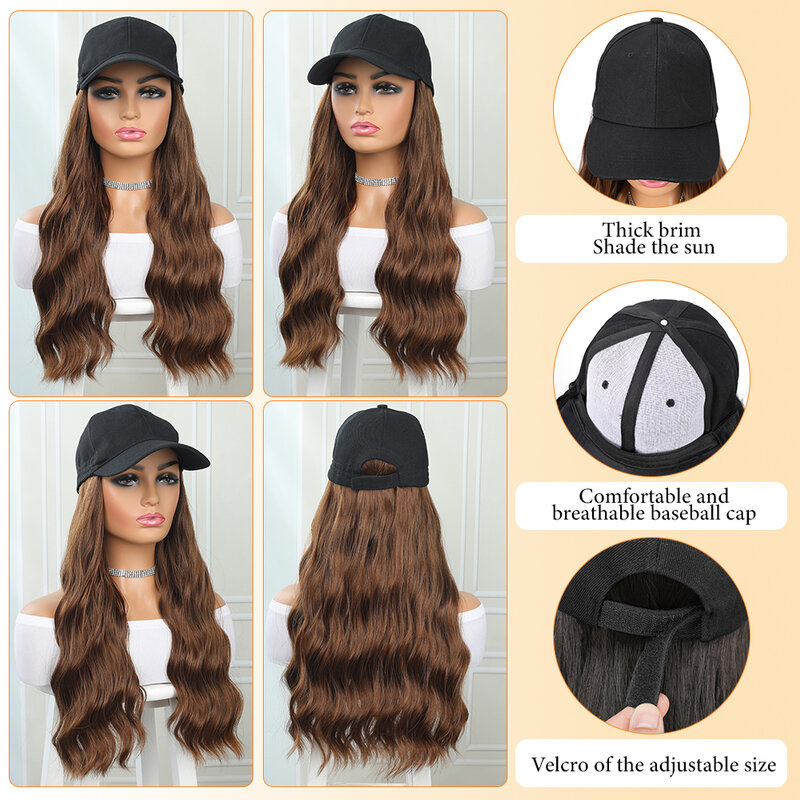 Boné ondulado longo com extensões de cabelo para as mulheres, resistente ao calor, fibra sintética Hairpieces, chapéu ajustável, 24"