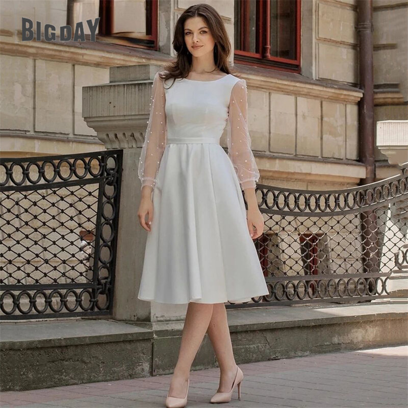Elegant Short Wedding Dress A-Line 2024 O-Neck Long Sleeve Pearls Satin Pleat Open Back Bridal Gown Tea-Length Vestidos De Noiva