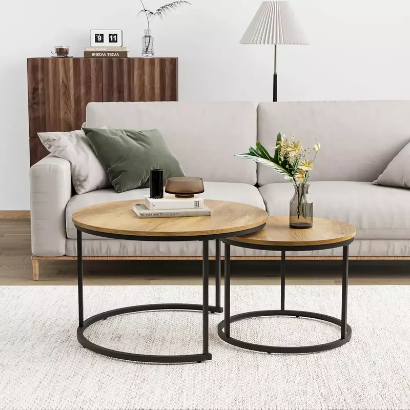 Round Nesting Coffee Table Set, Top de grão de madeira, ajustável antiderrapante pés, Industrial End Table, conjunto de 2, 27,6"