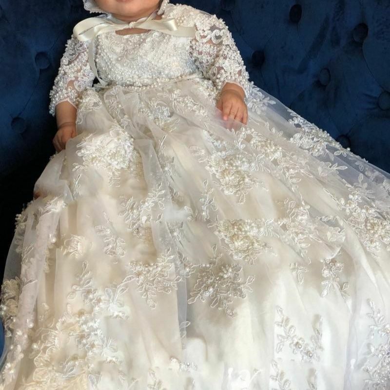 Gaun pembaptisan bayi perempuan, dengan renda Applique gaun Baptis kualitas tinggi 3-24m bunga Baptis anak perempuan