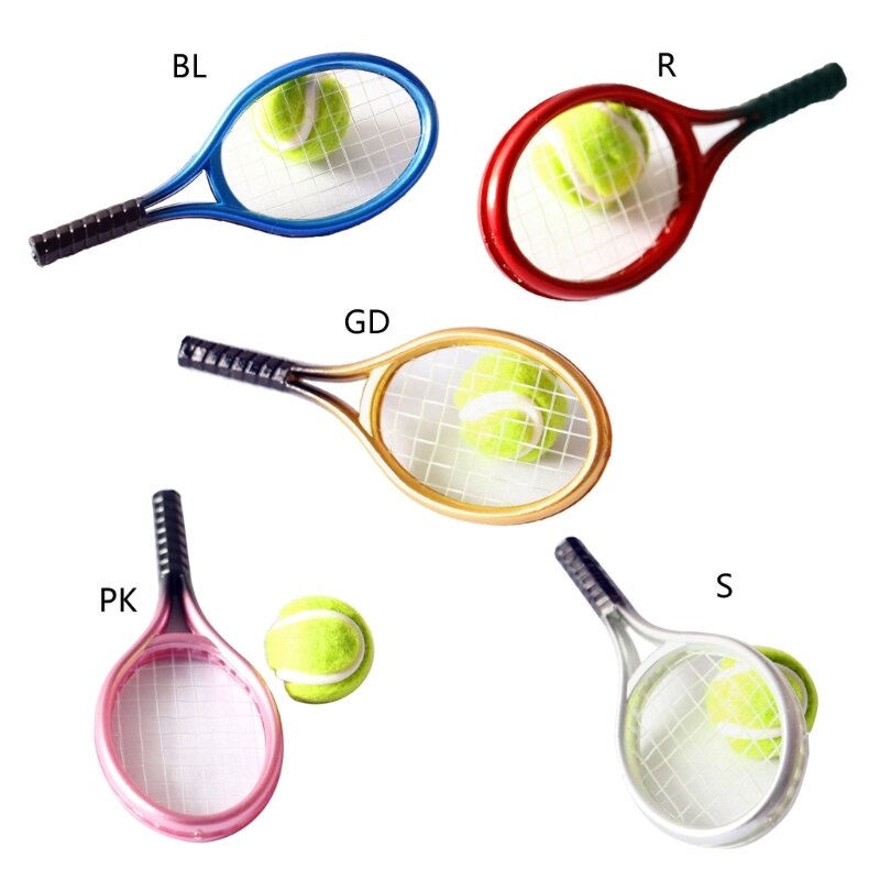 Mini artículos deportivos simulación, modelo en miniatura para exteriores, 1 pelota tenis y 1 raqueta
