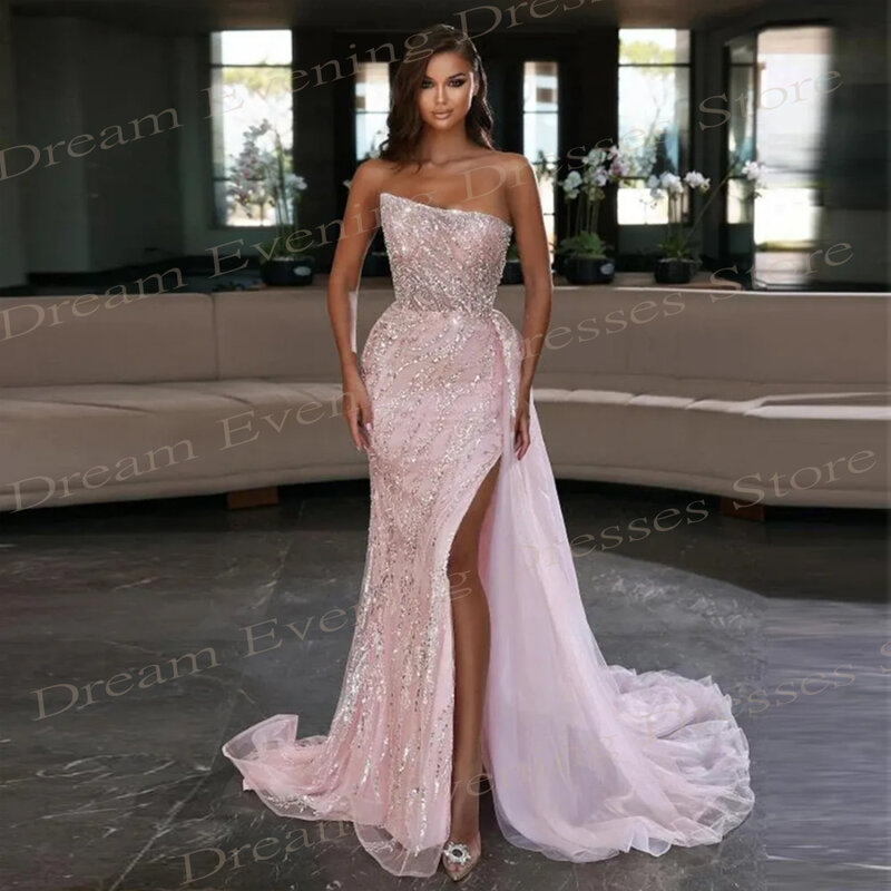 Fashion Elegant Mermaid Pink Evening Dresses Luxury Sexy High Side Slit New Glitter Sequins Sleeveless Strapless Prom Gowns 2024