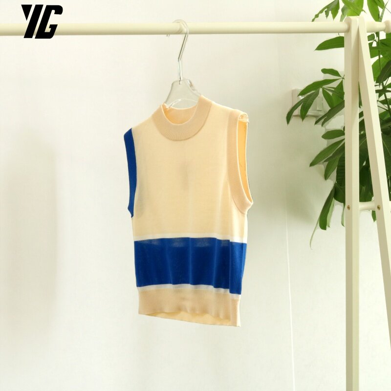 YG2024 Sweater Wo desain sederhana mode baru musim panas Sweater elastis nyaman warna kontras penuaan vitalitas Crew-neck rompi tipis