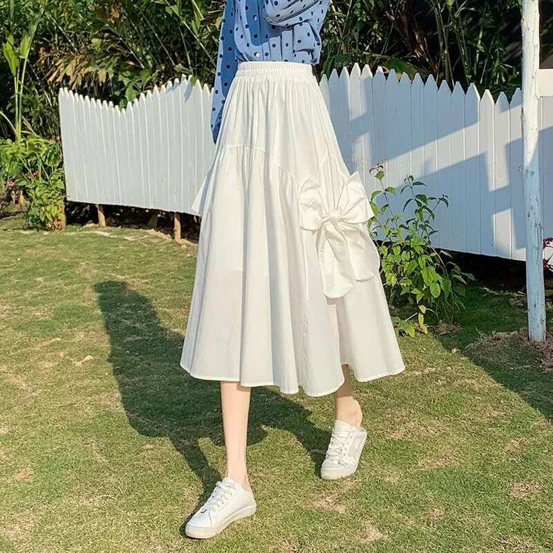 Saias plissadas Harajuku para mulheres, saia de cintura alta com laço, elegante moda midi, estilo coreano, 2024