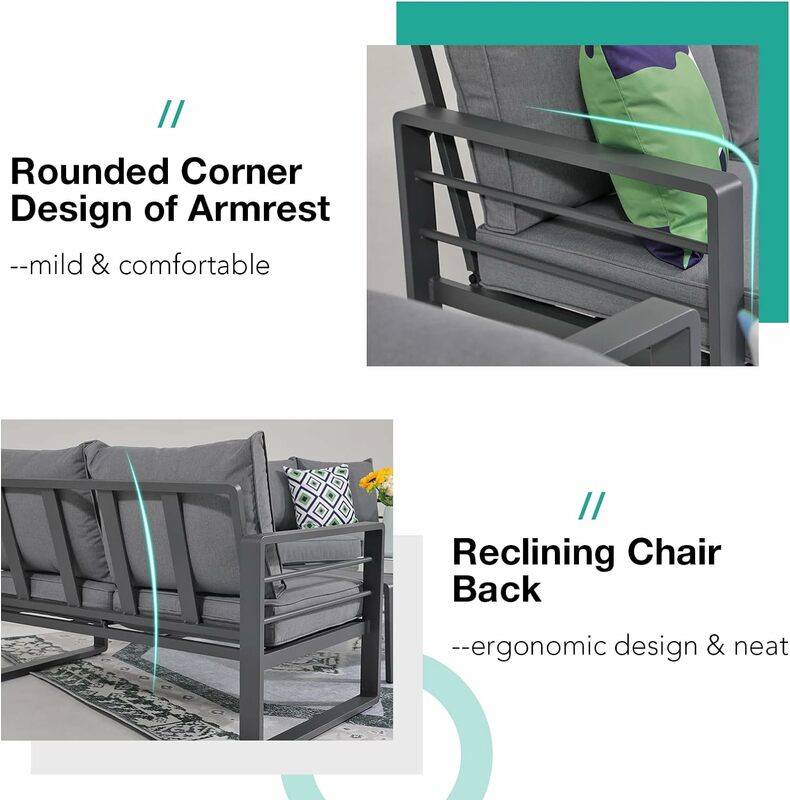 Aluminum Patio Furniture Set, Modern Patio Conversation Set, All Weather Dark Grey Outdoor Sectional Sofa Set w/Table