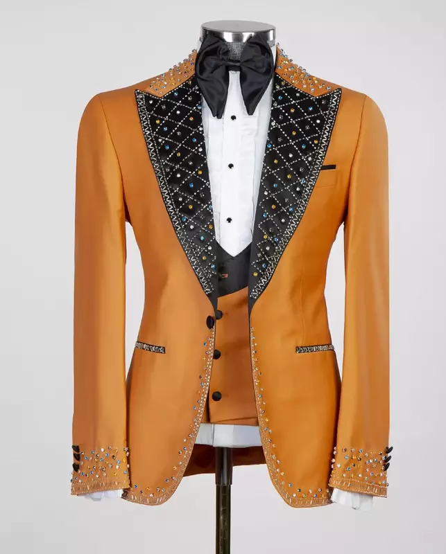 Блестящий мужской комплект из 3 предметов, блейзер + жилет + брюки, роскошный свадебный смокинг для жениха с кристаллами, однобортный пиджак, жакет на заказ