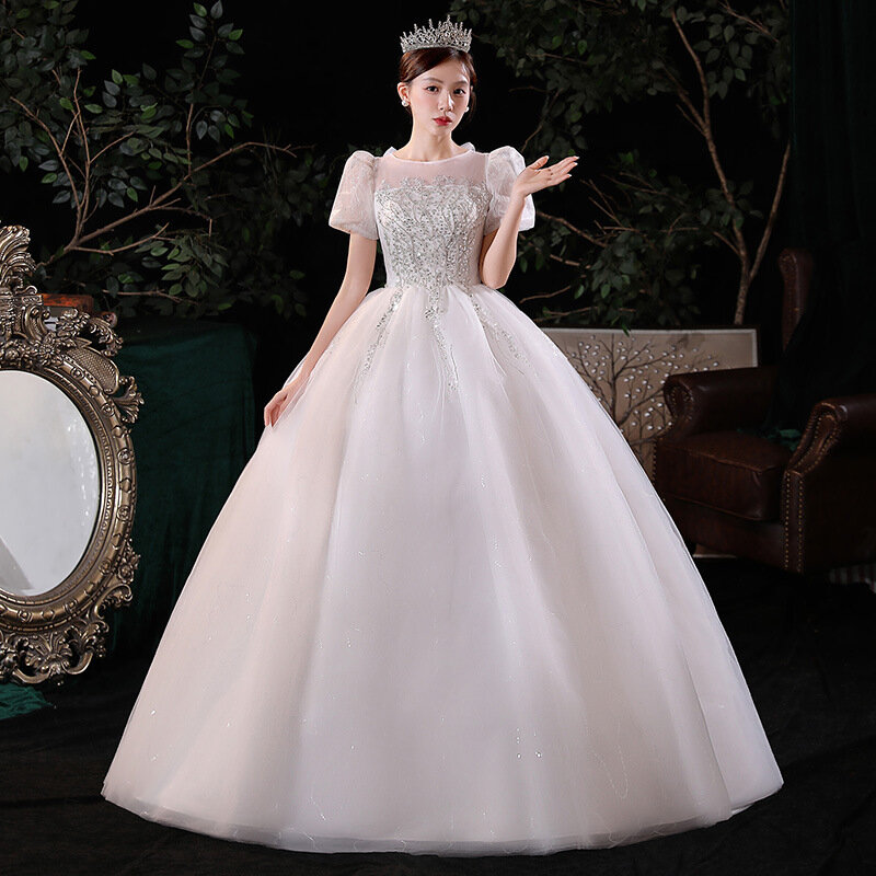 Gaun pernikahan panjang payet mewah, gaun pengantin lengan pendek 2024 ukuran besar untuk wanita