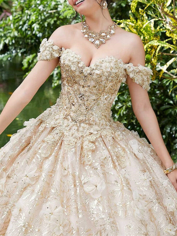 꽃무늬 아플리케 오프숄더 퀸시네라 드레스, 2023 크리스탈 구슬 장식 볼 가운, 달콤한 16 칵테일 드레스