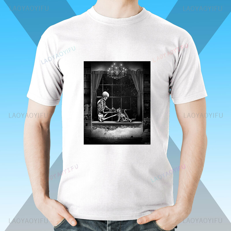 Camiseta con estampado de gato y calavera para hombre y mujer, ropa de calle informal y cómoda, top de manga corta con cuello redondo