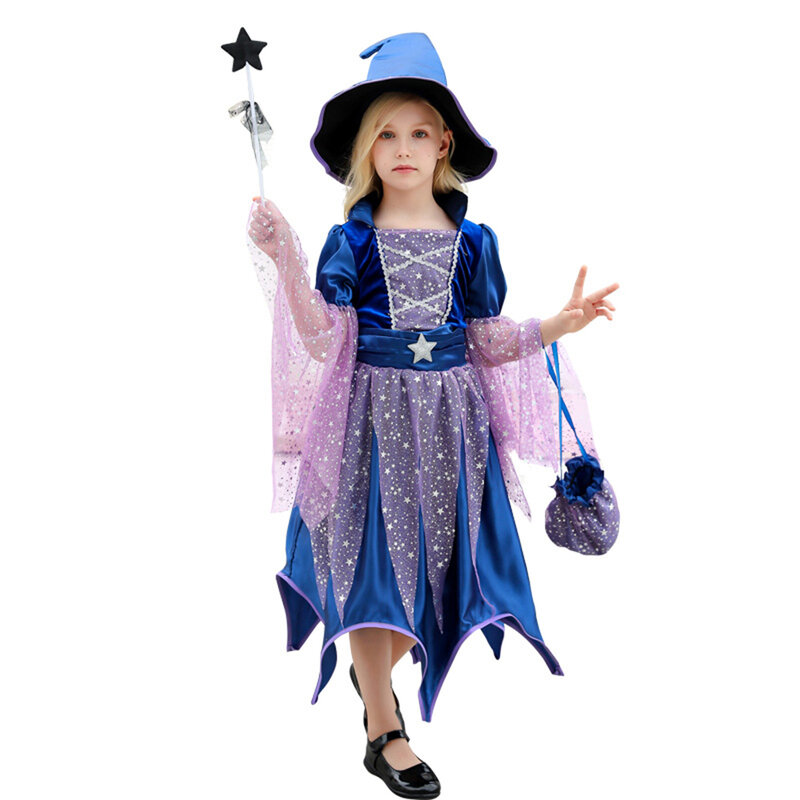 Gaun Putri Penyihir Halloween Ungu Kostum Cosplay Anak-anak Perempuan untuk Pakaian Pertunjukan Pesta Ulang Tahun Karnaval
