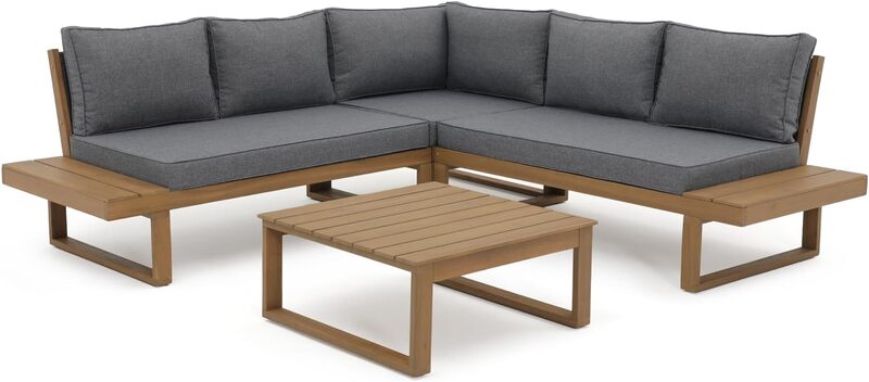Set di divani componibili da esterno a forma di L in legno di Acacia da 4 pezzi con tavolino, Set di conversazione certificato FSC