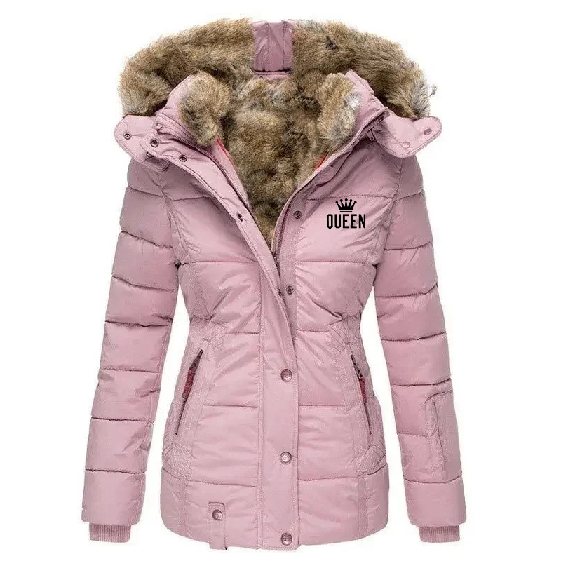 Women Winter Coat Warm Solid Plush Thickened Long Jacket Outdoor Hiking Hooded Casual Windproof Parka Coat Queen Print Overcoat