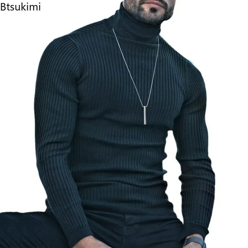 Suéteres masculinos de malha de gola alta preta, pulôveres slim fit, tops monocromáticos, suéteres respiráveis masculinos, moda, 2024