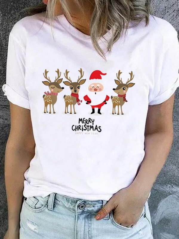크리스마스 격자 무늬 문자 스타일 귀여운 옷, 새해 패션 반팔 프린트 T 탑, 기본 여성 티 의류, 그래픽 티셔츠