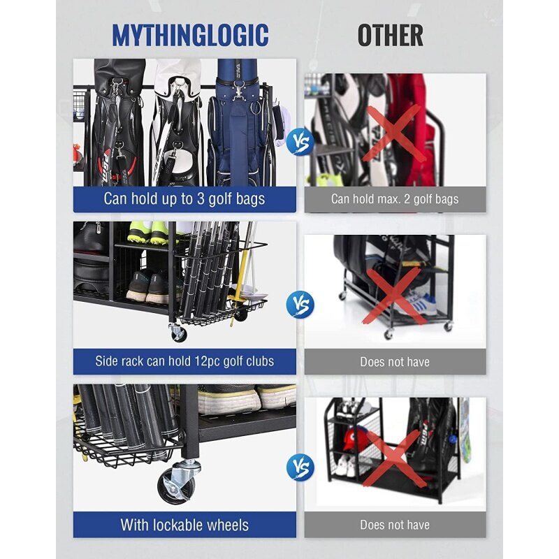 Mythinglogic-منظم مرآب لتخزين الجولف ، حقيبة ، حامل تخزين ، رف معدات fing آخر ، إضافي للجولف