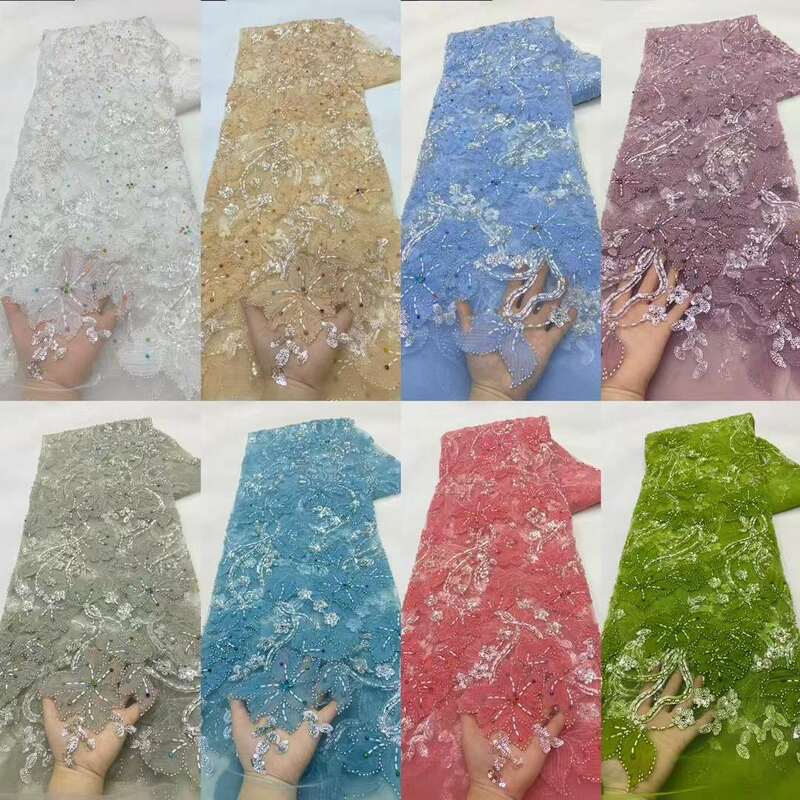 African Beads Lace Fabric 2024 High Quality Lace Nigerian Embroidery Tulle Lace With Sequins Latest French Groom Lace For Sewing