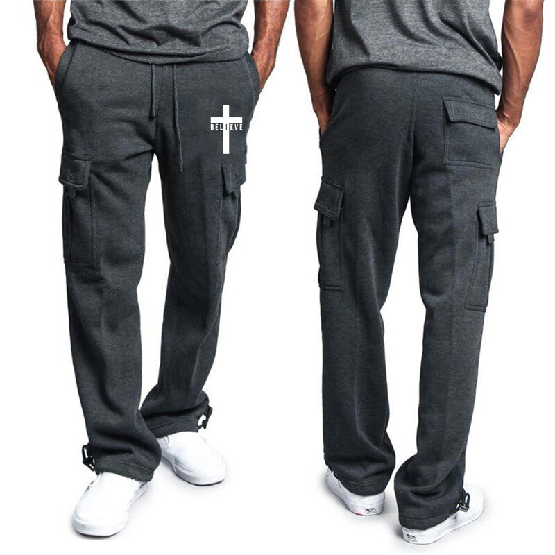 Men Fashion Pants Solid Color Multi Pockets Baggy Pants Casual Loose Trousers Drawstring Cargo Pants