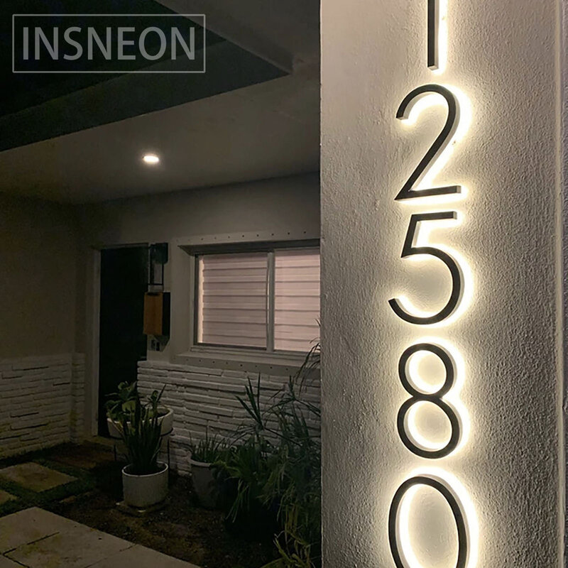 Placa de número 3D de casa, letras retroiluminadas, placa de número de puerta, luces exteriores, acero inoxidable, resistente a la intemperie, señal de puerta al aire libre