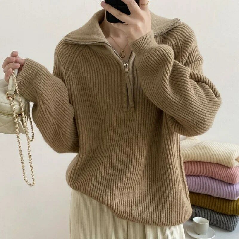 Cardigã de malha com zíper feminino, suéter rosa, estilo coreano, blusa vintage, blusa fria, roupas de inverno, estilo, 2023