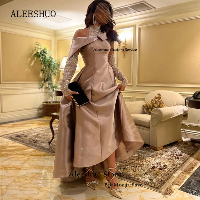 Aleeshuo gaun Prom Satin A-Line elegan gaun pesta bahu terbuka manik-manik Halter gaun pesta