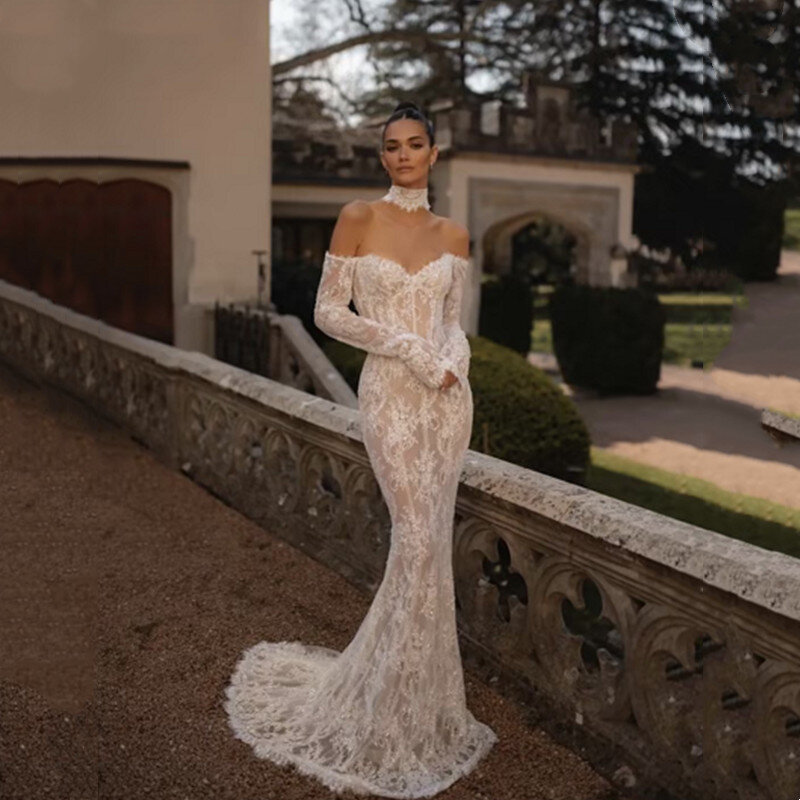 Gaun pernikahan renda putri duyung panjang yang indah gaun pengantin ilusi tanpa tali seksi lipatan Formal bahu terbuka Vintage punggung terbuka
