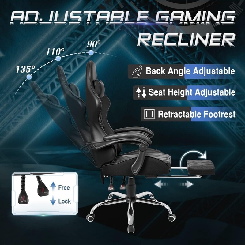 Gaming Chair with Ottoman and Massage Function Lumbar Support, 360° Swivel and Height-adjustable Seat with Headrest