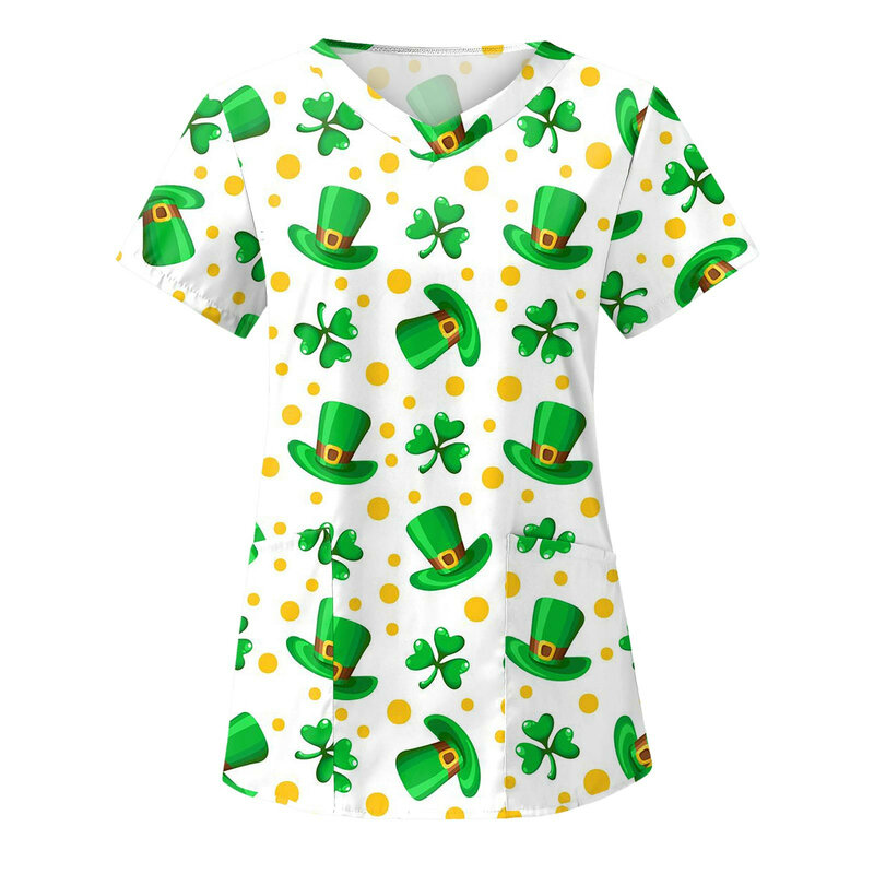 Uniforme de enfermeira com estampa de trevo para mulheres, tops verdes, uniforme de enfermeira, blusa pessoal, clínica do dia de São Patrício, cuidadores