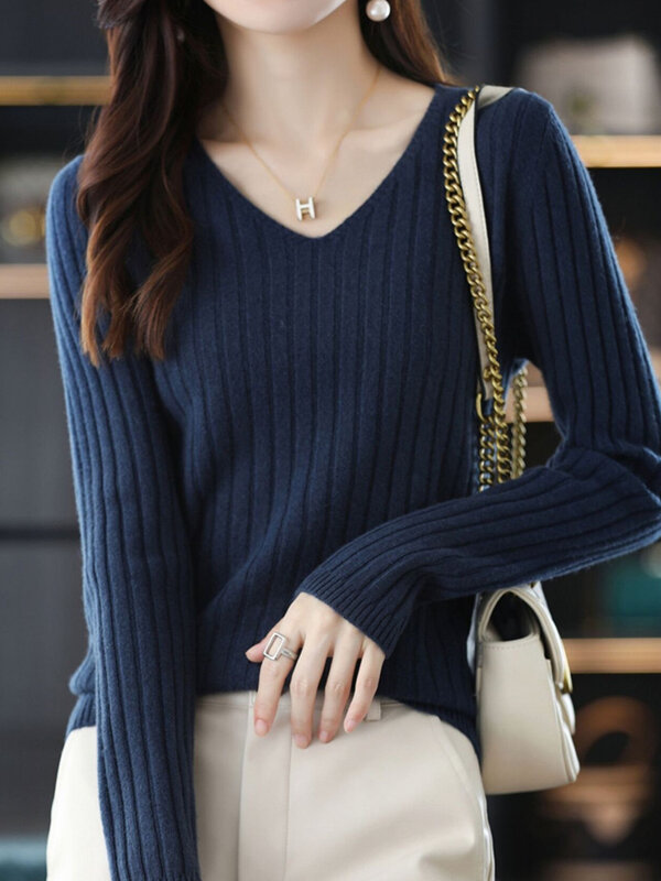 Женский свитер с длинным рукавом, трикотажный пуловер с V-образным вырезом, модный свитер, женская зимняя базовая одежда 2023, однотонные офисные свитера