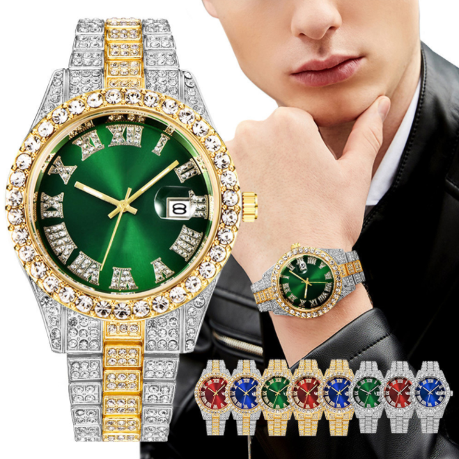 メンズダイヤモンドカレンダー時計,ステンレススチール,アナログクォーツ腕時計