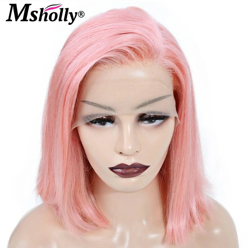 Peruca de cabelo humano rosa curto para mulheres, colorido, sem cola, 13x4, hd, transparente, frente de renda, reto, remy brasileiro