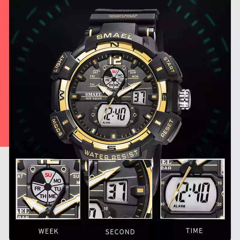 SMAEL Top Luxury Brand Men's Watch Outdoor Sports Waterproof Watches Dual Time Display Quartz Wristwatches Rubber Digital Clock