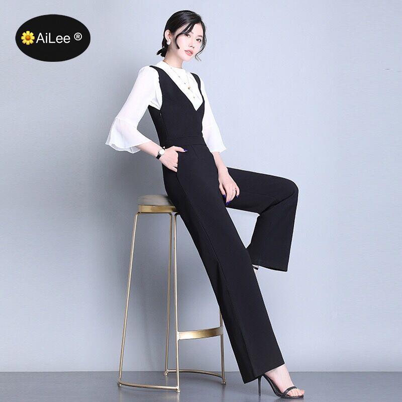 Vrouwen Jumpsuit Zomer Mode V-hals Mouwloze Revers Solid Black Office Lady Lace Up Losse Brede Benen Romper Hoge Streetwear