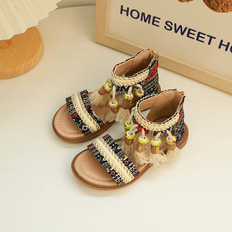Детские сандалии летние новые богемные туфли принцессы в национальном стиле для девочек модные детские повседневные римские сандалии с открытым носком и бахромой