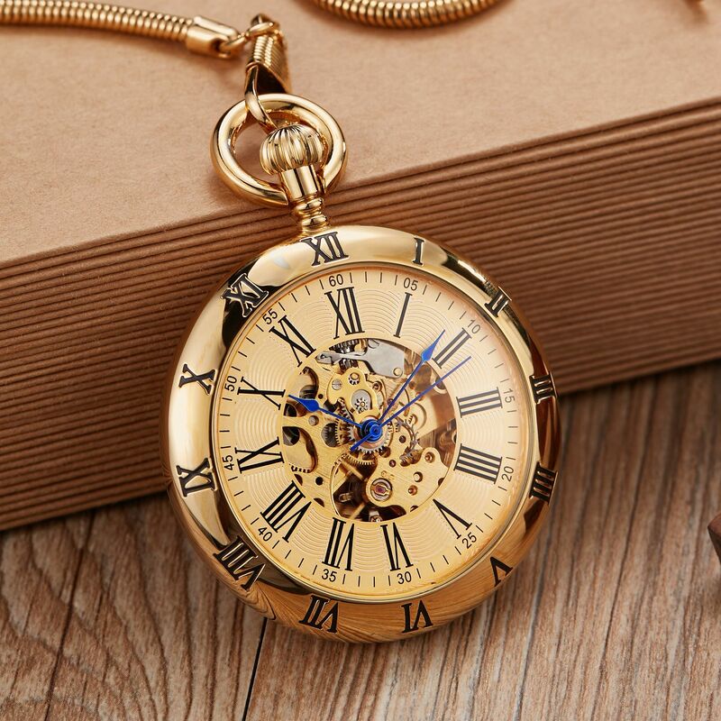 Złote/srebrne cyfry rzymskie z otwartą twarzą automatyczny mechaniczny zegarek kieszonkowy Retro luksusowy męski damski zegarek kieszonkowy
