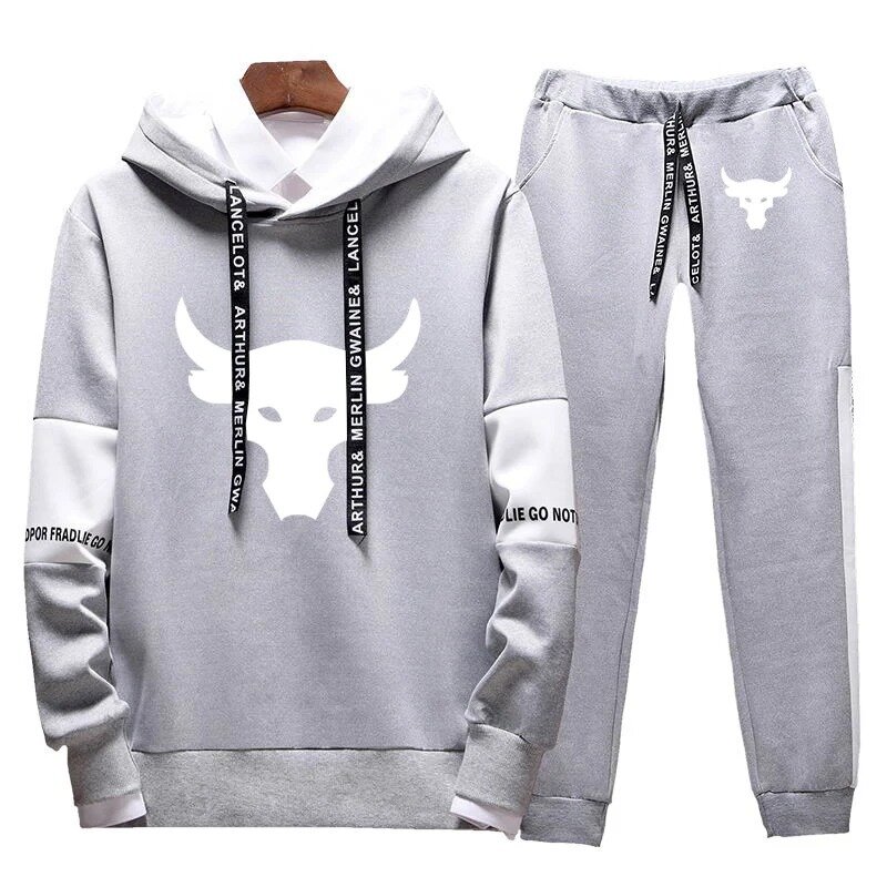 2024 Spring Autumn Men's Dwayne Johnson Brahma Bull Tattoo Printed Casual Splicing Sleeve Hooded Pullover+Sweatpants Lace-Up Set