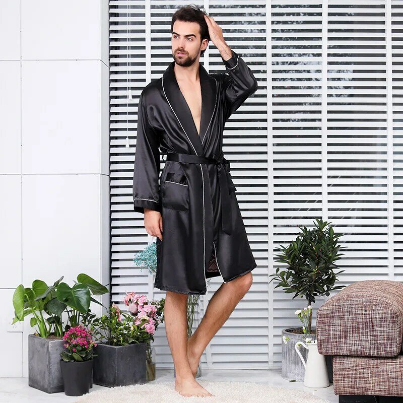 Hot Selling Men Summer Bathrobe & Short Pant Male Silk Long Sleeve Bath Robe Sexy Mens Dressing Gown Bathrobes Plus Size M-5XL