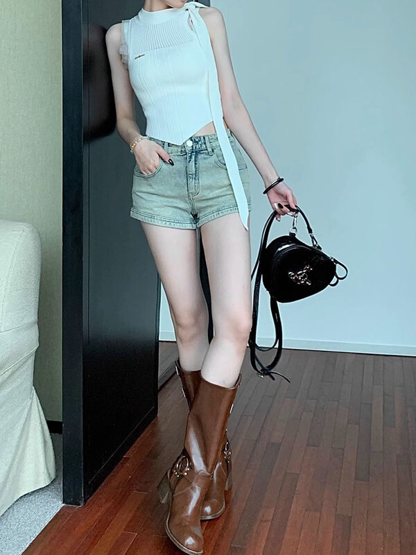Celana pendek Denim katun pinggang tinggi pakaian klub celana pendek jeans biru pudar seksi Streetwear populer Mode Korea