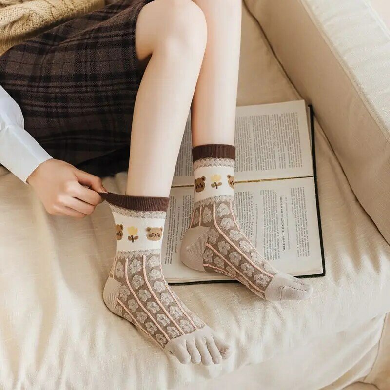 Calcetines de algodón puro para mujer, medias de cinco dedos con estampado de Punta dividida, cómodos, Vintage, Otoño e Invierno