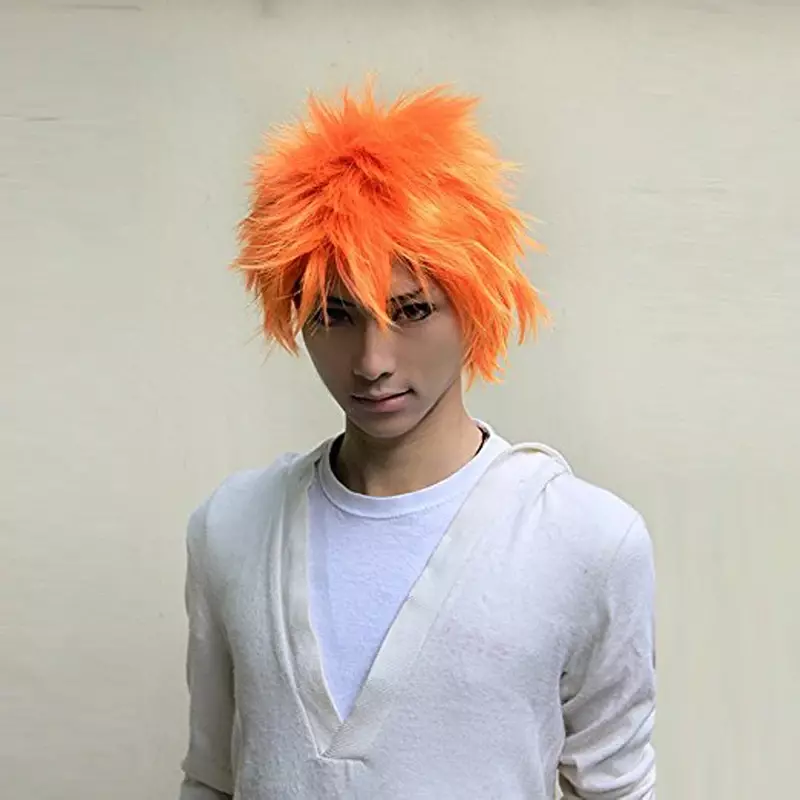 LEACH Kurosaki Ichigo Short Orange Cosplay Wigs for Man Boys Heat Resistant Synthetic Hair Wig Cap
