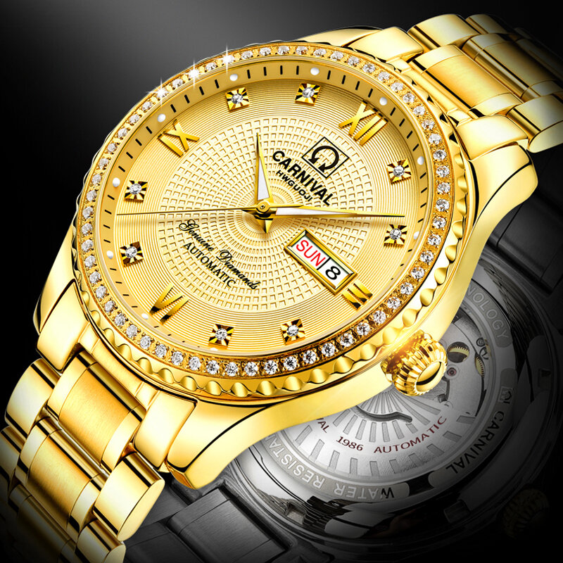 CARNIVAL 남성용 럭셔리 골드 스틸 시계, 최고 브랜드 비즈니스 자동 기계식 시계, 날짜 발광 방수 Relogio