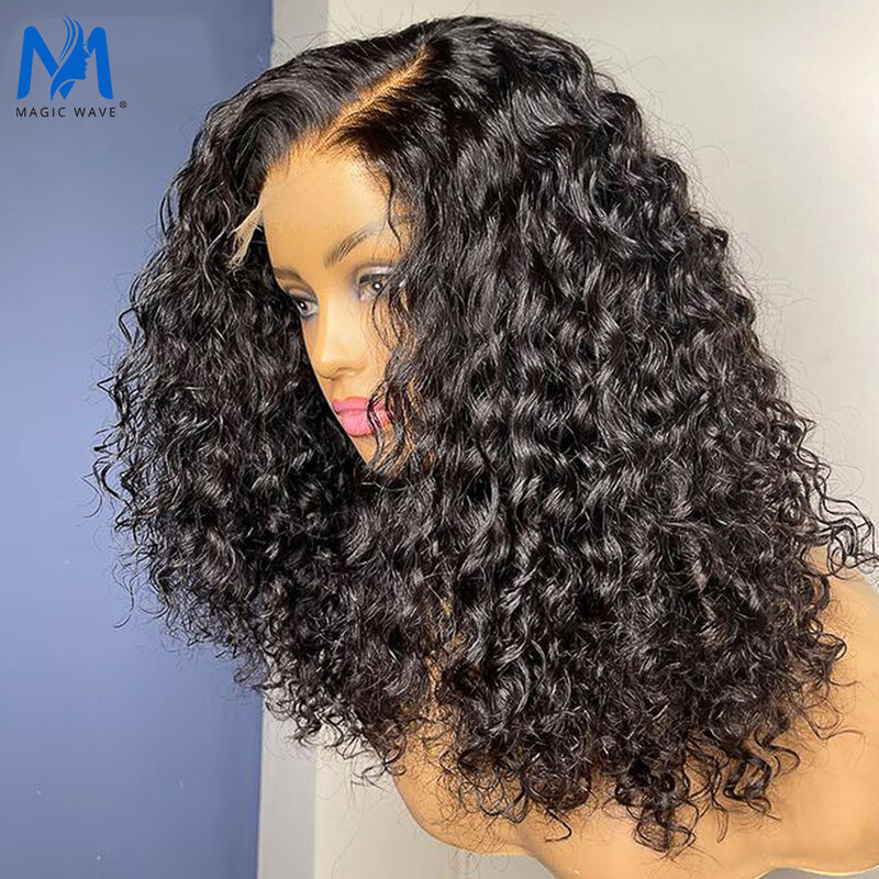 Peluca de cabello humano rizado para mujeres negras, pelo corto con encaje frontal 13x4, predespuntado, parte en T, cierre 4x4, 180 de densidad