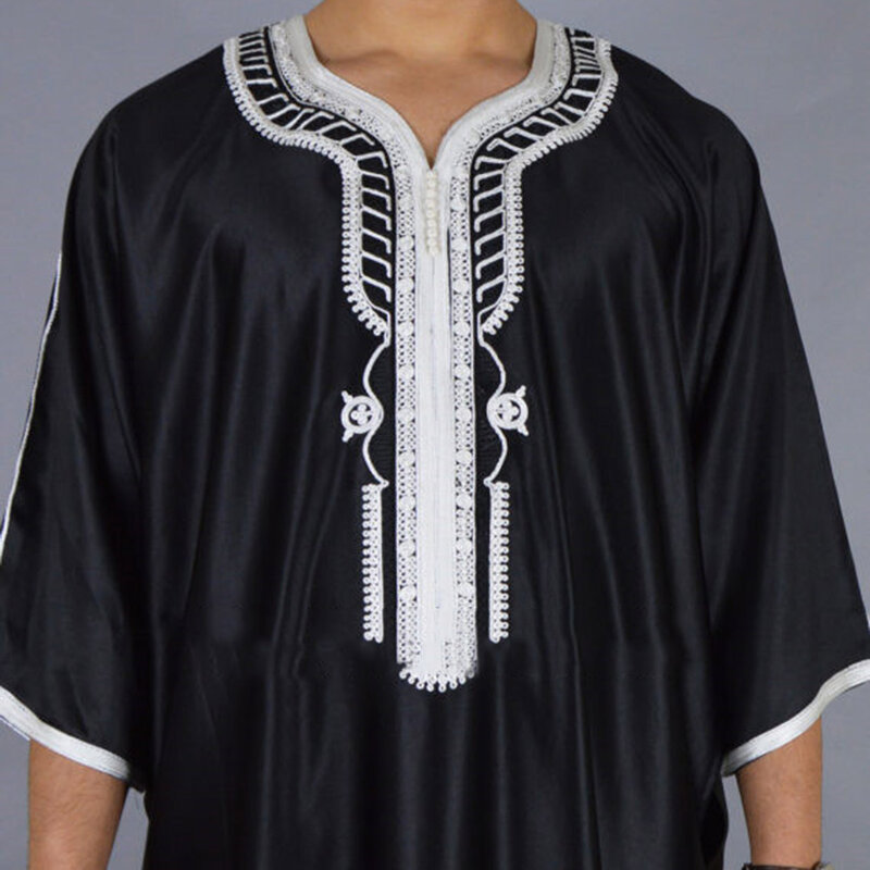 Robe musulmane longue noire pour hommes, manches mi-longues, col rond arabe, caftan islamique, document solide, Maxi, Dubaï, 1 pièce