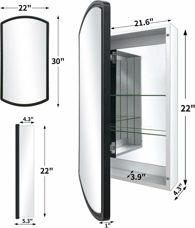 FOMAYKO 22 "W x 30" H armadietto per medicinali a porta singola in alluminio con cabina a specchio con cornice nera per fattoria o montaggio su superficie