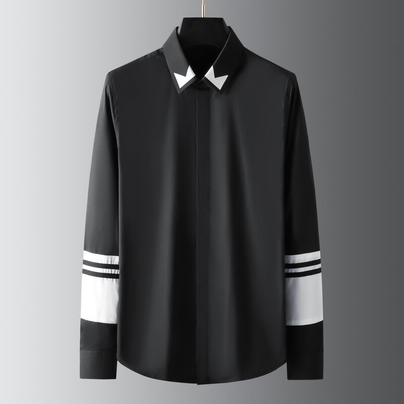 Decoração masculina de costura preto e branco nas mangas, na moda europeia e americana, camisa justa de manga comprida, mão casual, LH039
